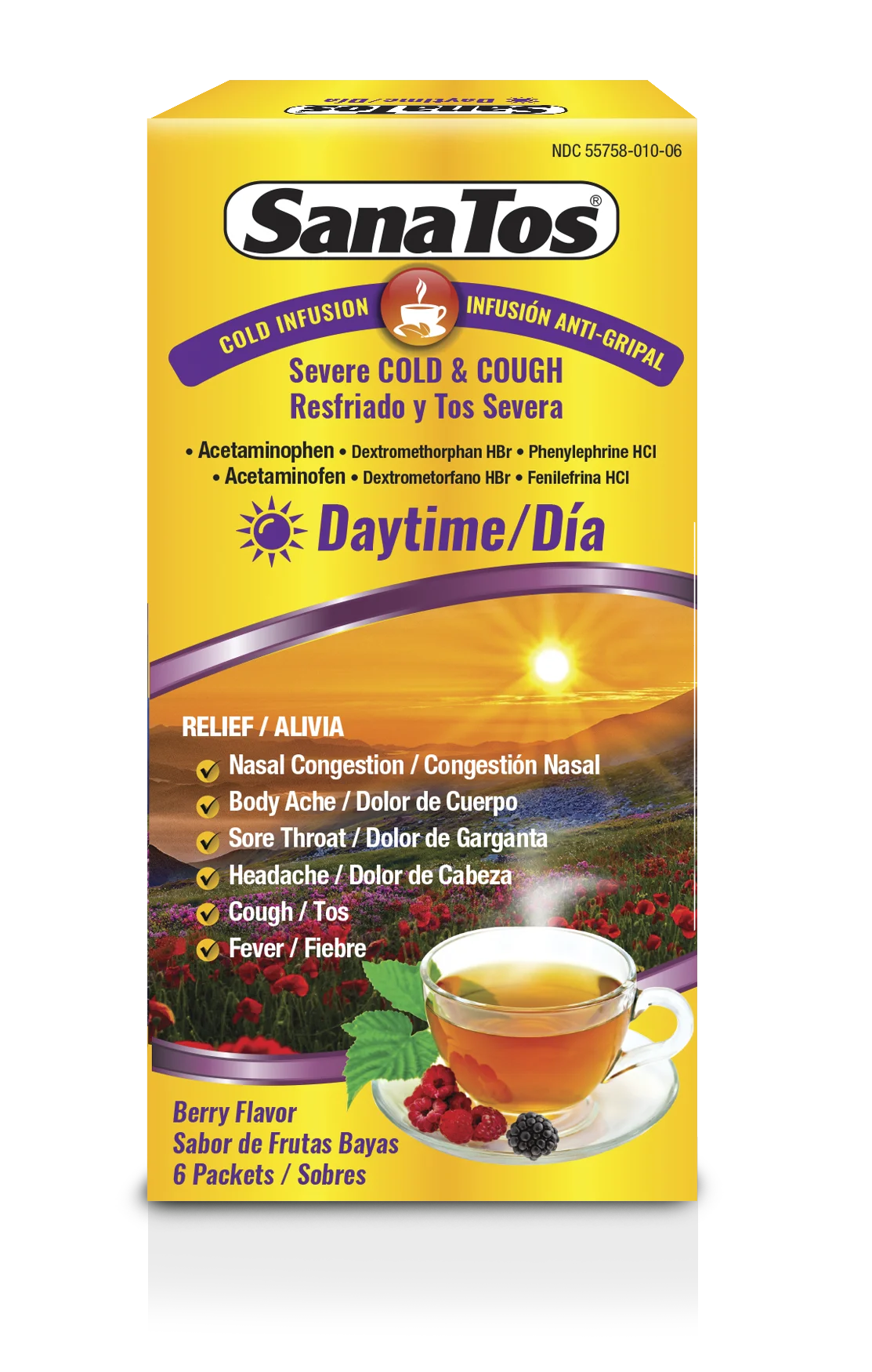 Té diurno severo fría y tos de Sanatos (6 paquetes sabor a bayas)